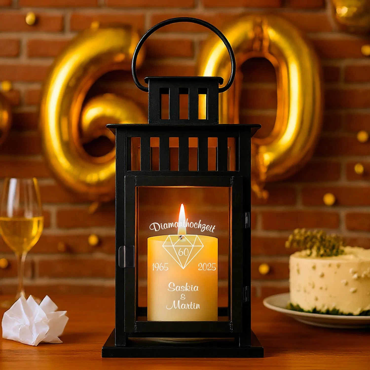 Laterne mit Gravur - Diamantene Hochzeit schwarz