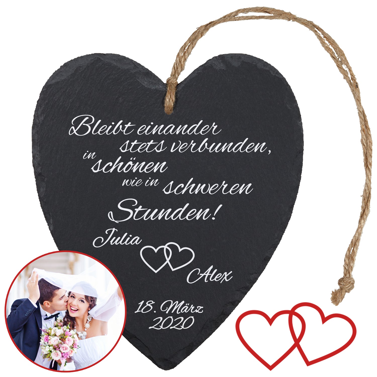 Schieferherz zur Hochzeit mit Personalisierung Herzen