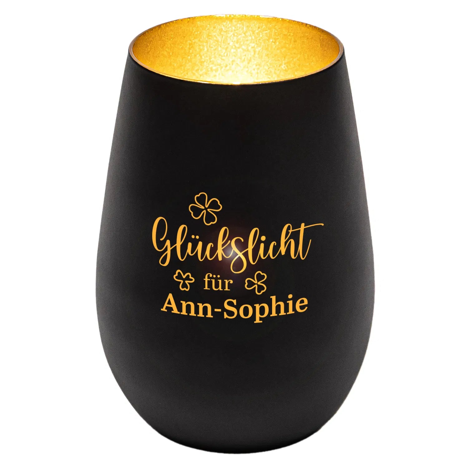 Windlicht - Glückslicht - Kleeblatt Schwarz matt gold