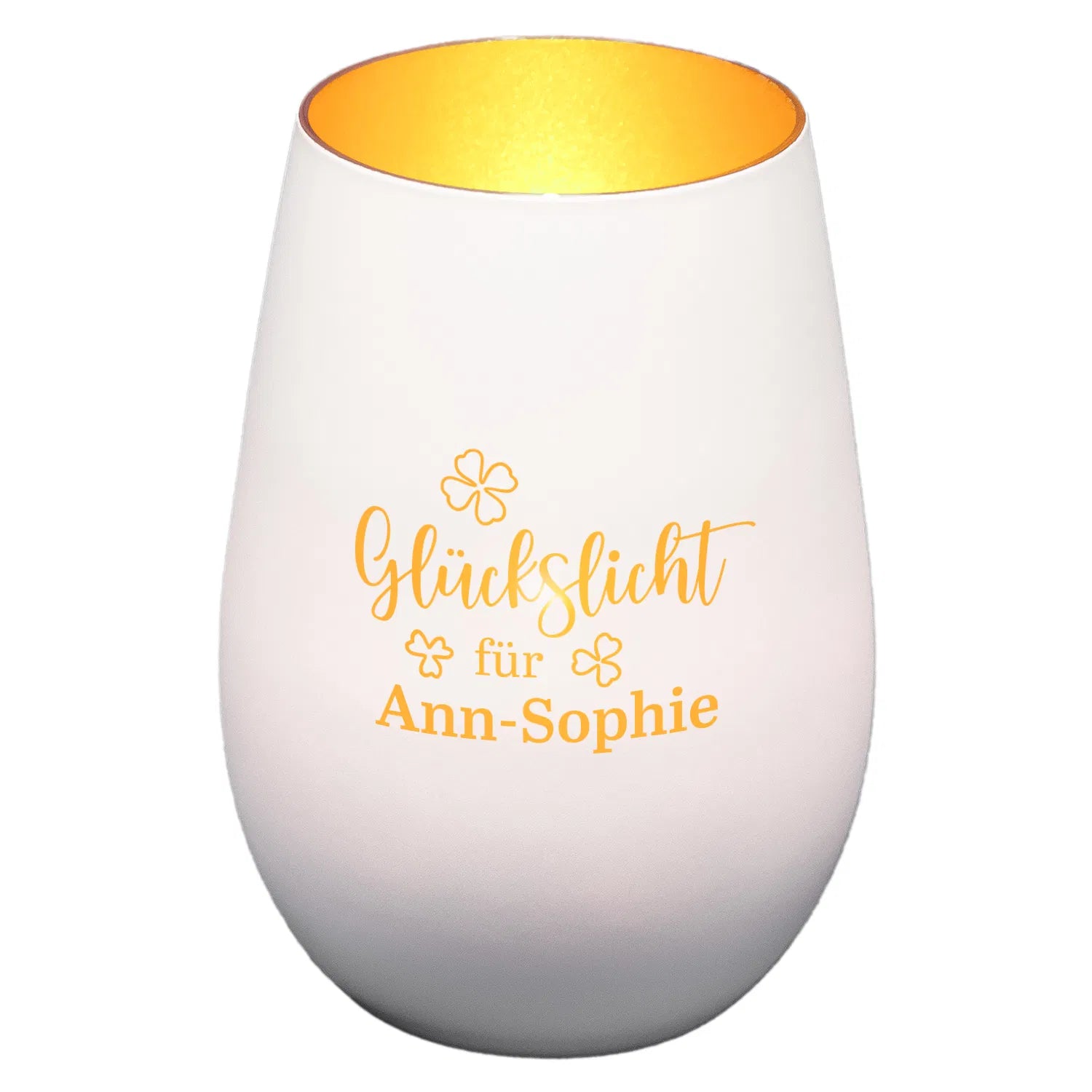 Windlicht - Glückslicht - Kleeblatt Weiss matt gold